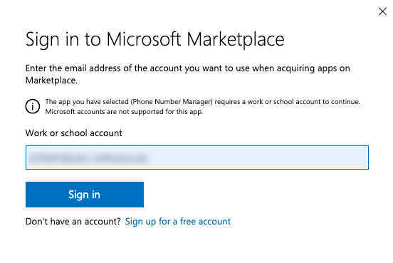 Sign in to Microsoft Marketplace Dialog