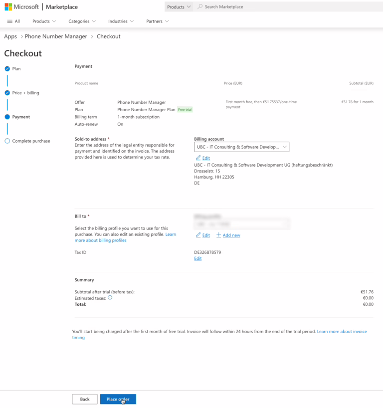 At next you will see the payment settings which you still can edit in this step. If all is fine, just click 'Place order'